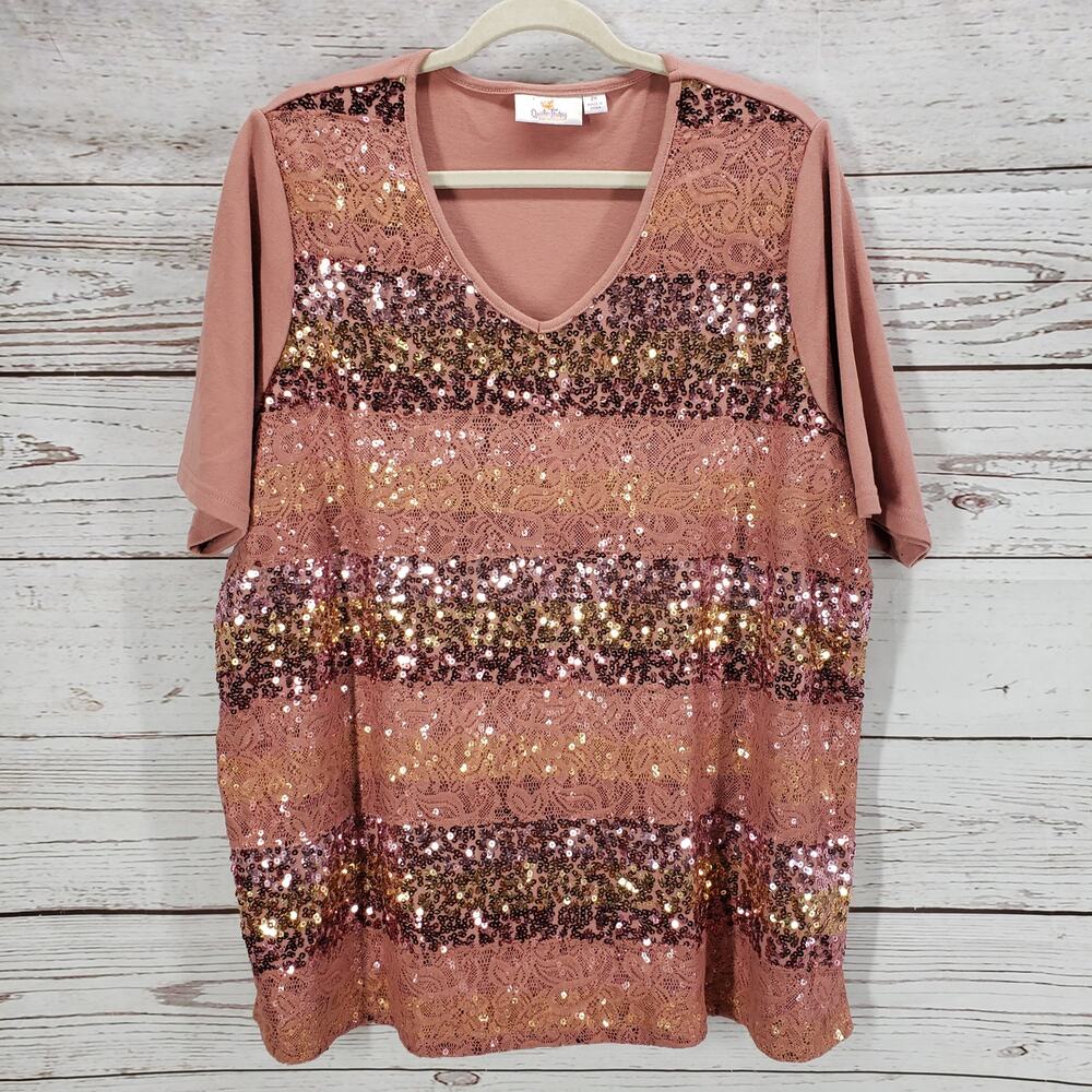 Quacker Factory Women's Pink Lace Sequin Short Sleeve Top Size 2X